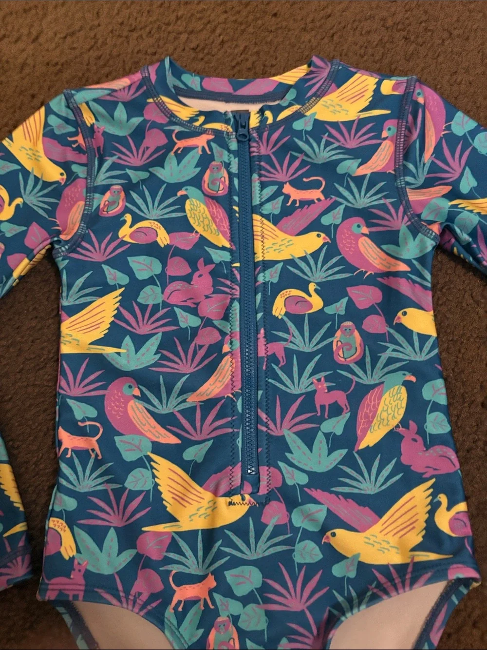 Tea Collection Girls' Long-Sleeve Tropical Bird Rashguard - Blue/Pink/Yellow
